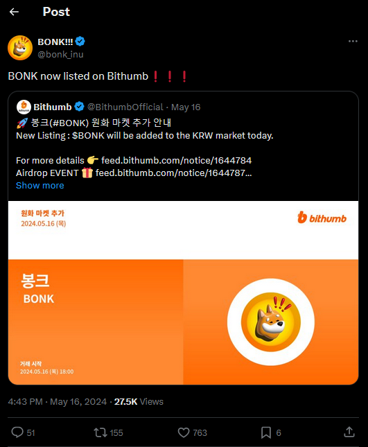 Bonk Listing Bithumb