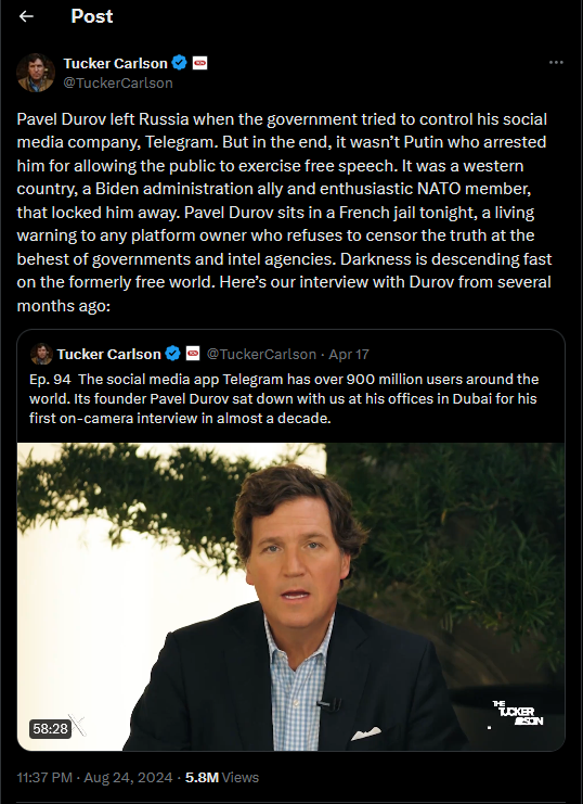 Tucker Carlson Tweet Durov Pavel Verhaftung