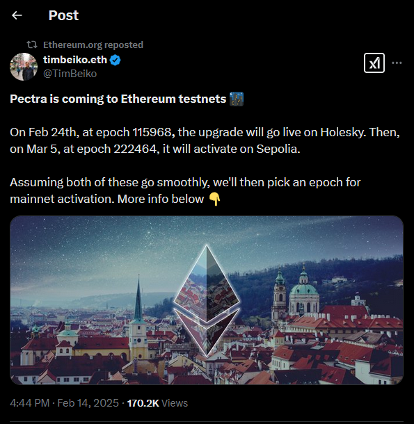 Ethereum Pectra Upgrades Tweet